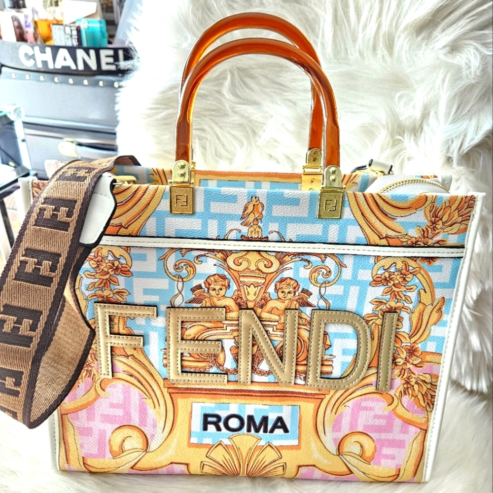 Fendi Multicolor Baroque Canvas Satchel in Blue, Pink & Gold